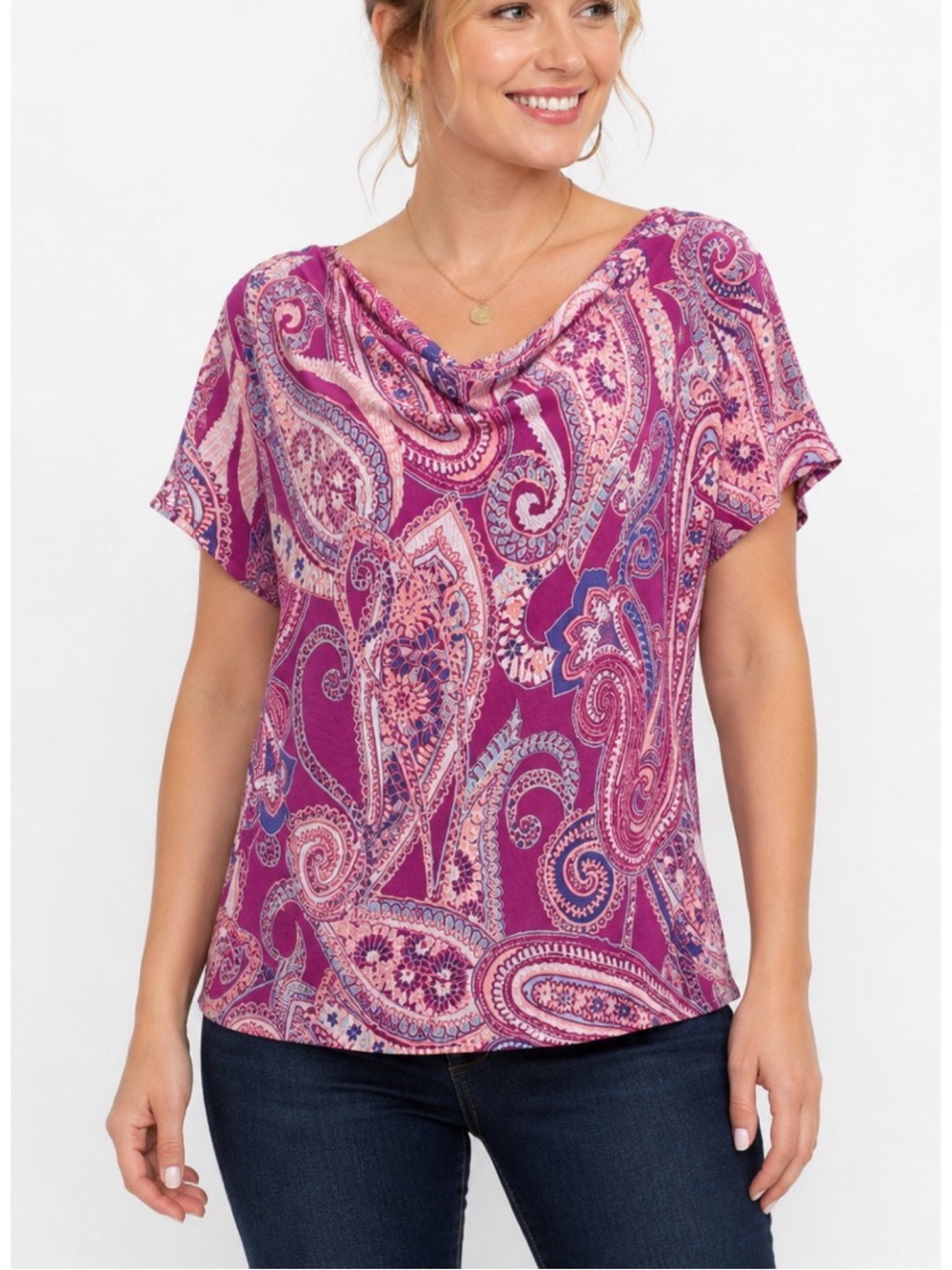 Jaclyn Smith women's purple paisley print blouse with a cowl neck